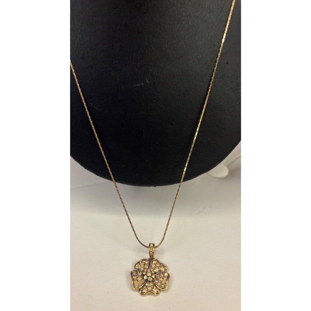 Vintage Monet Rhinestone Flower Pendant Necklace w/ Serpentine Gold Chain